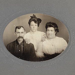 c1900 Cabinet Card Photo Two Women Man Large Bushy Mustache Oval Portrait